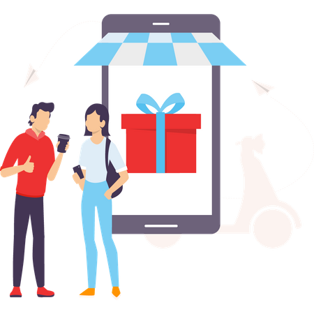 Girl and boy getting gift delivery Illustration