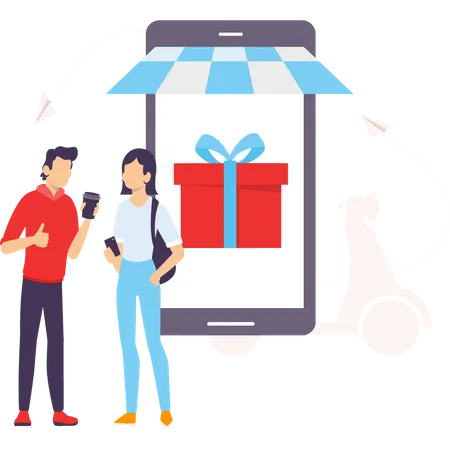 Girl and boy getting gift delivery Illustration
