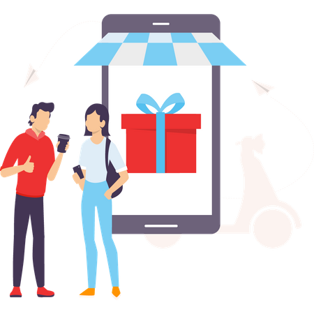 Girl and boy getting gift delivery  Illustration