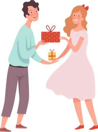 Girl and boy giving gift each other Illustration