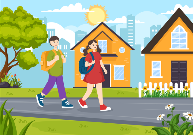 Girl and boy going to home after school  Illustration