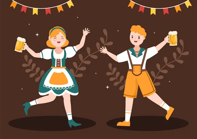 Girl and boy holding beer glass while dancing on Oktoberfest Festival  Illustration