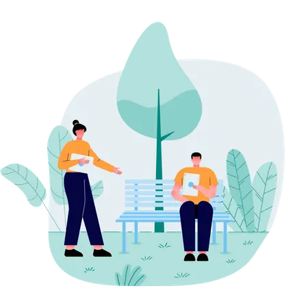 One Boy Sitting In The Part On The Bench One Girl Is Going To Sitting Bench Both Have Tablet I Their Hand Flat Vector Flat Illustration イラスト