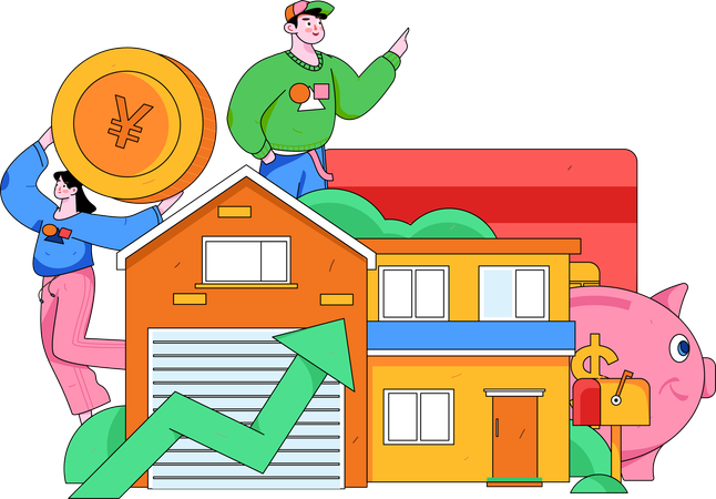 Girl and boy invest money on property  Illustration