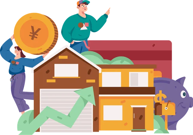 Girl and boy invest money on property  Illustration