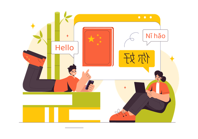 Girl and Boy Learn Chinese Language  Illustration