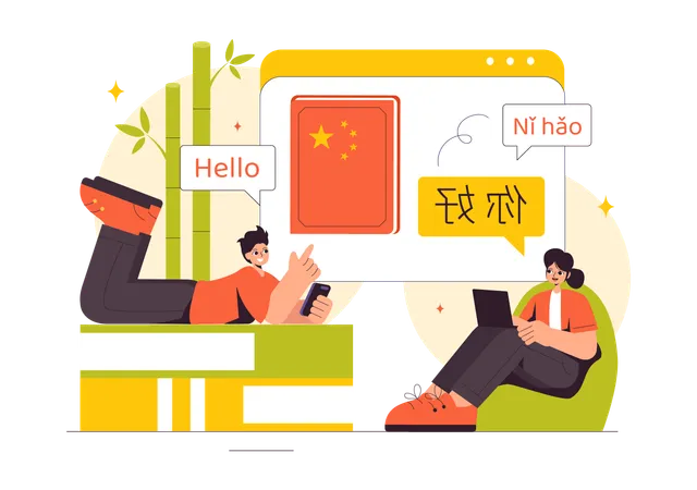 Girl and Boy Learn Chinese Language  Illustration