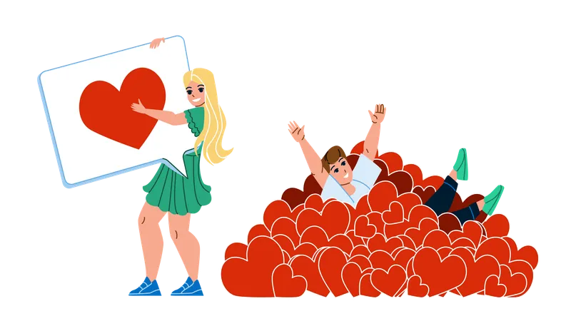 Girl And Boy Like Addiction In Social Media Vector Young Man With Like Addiction Enjoying In Pile Of Hearts And Woman Resting Of Love Message Answer Or Review Characters Flat Cartoon Illustration Illustration