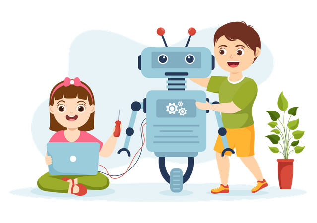Girl and boy making Robotics School  Illustration