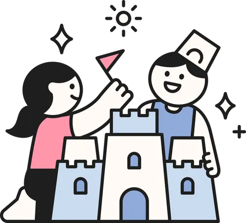 Girl and boy making sand castle  Illustration