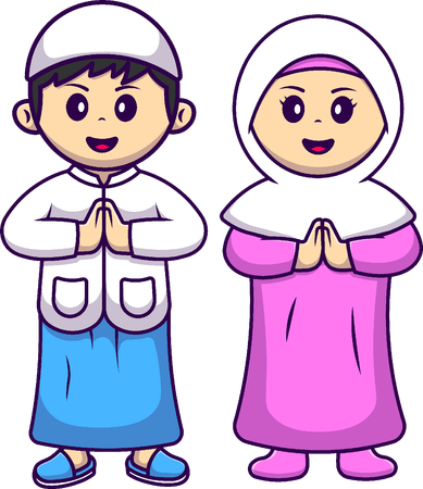 Girl And Boy Moslem Celebrating Eid Mubarak  Illustration