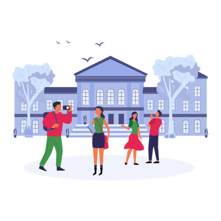 大学のキャンパスを巡る少女と少年  イラスト