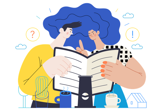 Girl and boy online book reading  Illustration
