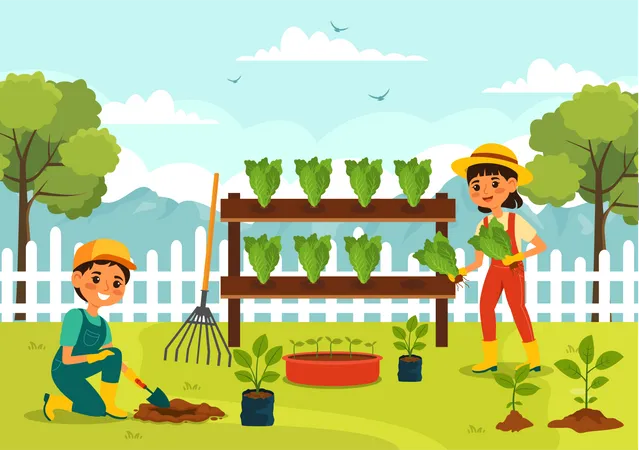 Girl and boy planting flower and enjoying gardening  イラスト