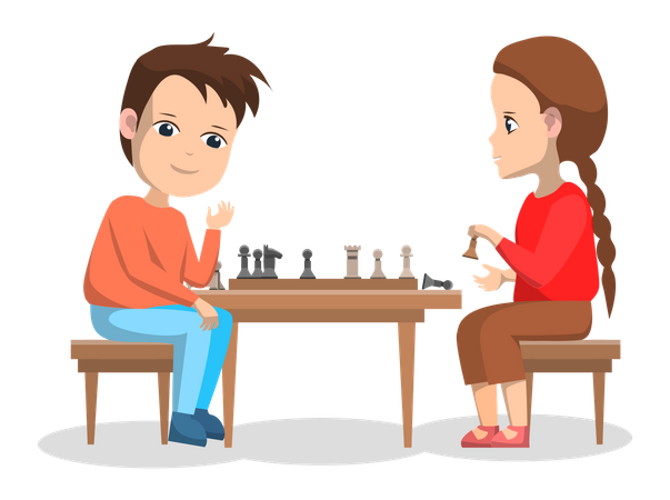 Girl and boy playing chess Illustration