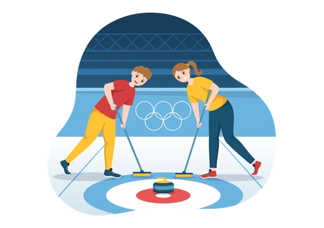 Curling Sport Illustration With Team Playing Game Of Rocks And Broom In Rectangular Ice Ring In Championship Flat Cartoon Hand Drawn Template Illustration