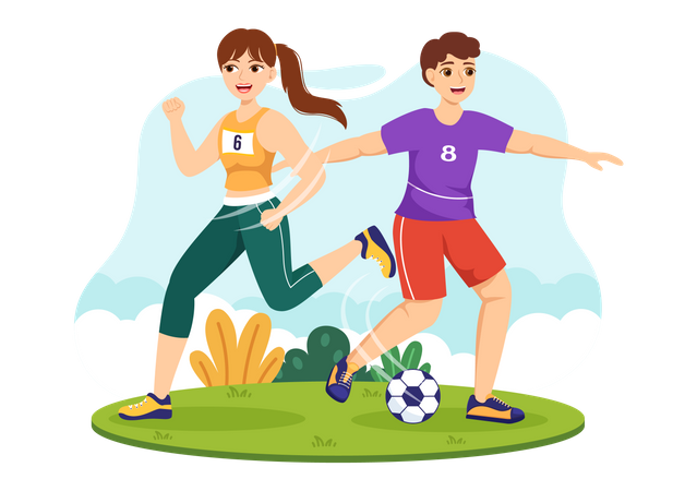 Girl and boy playing football  Illustration