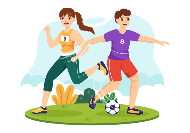 Girl and boy playing football  Illustration