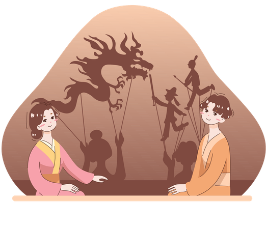 Girl and boy playing puppet show  Illustration
