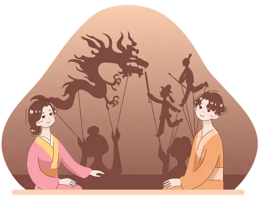 Girl and boy playing puppet show  Illustration