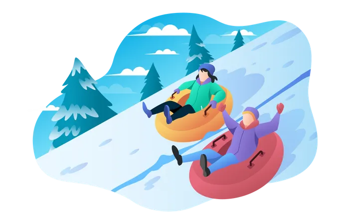 Girl and boy Playing with snow tubing  Illustration