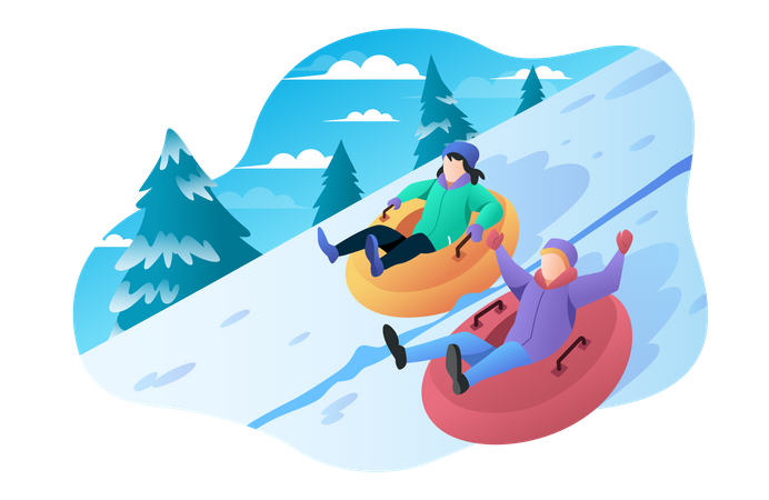 Girl and boy Playing with snow tubing  Illustration