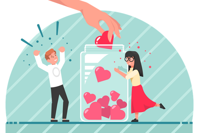 Girl and boy put hearts in bottle  イラスト