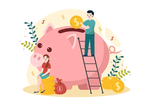 Girl and boy putting money in piggy bank  Illustration