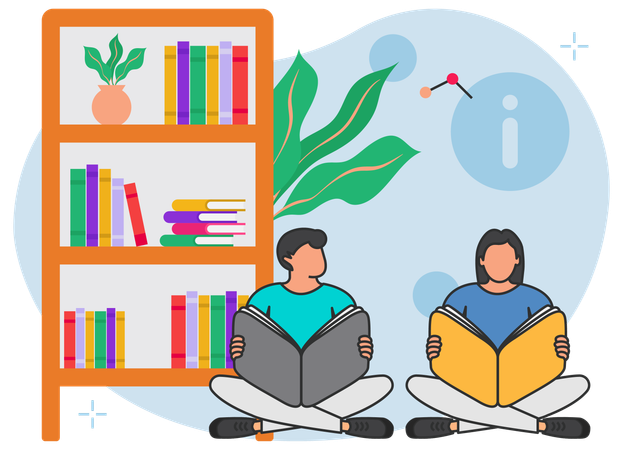 Girl and boy reading book in library  Illustration