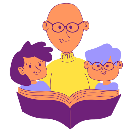 Girl and boy reading book with father  Illustration