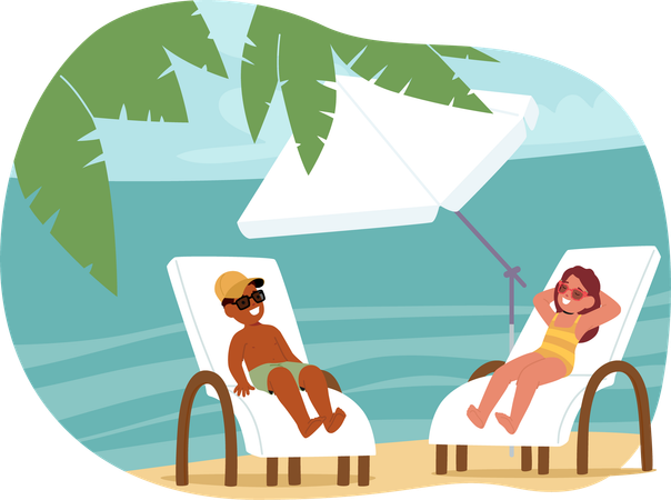 Girl and Boy Relax On Beach Loungers  Illustration