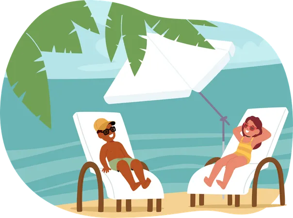 Girl and Boy Relax On Beach Loungers  Illustration