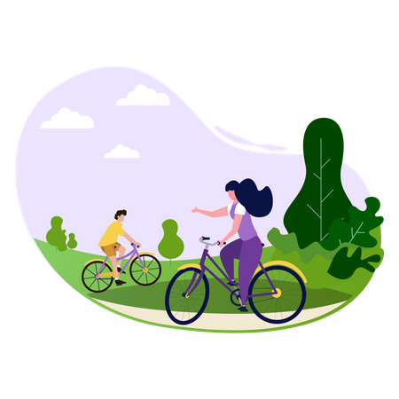 Girl and boy riding bicycle in park Illustration
