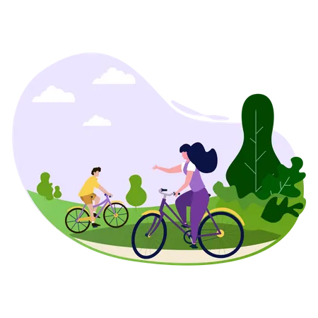 Girl and boy riding bicycle in park  Illustration