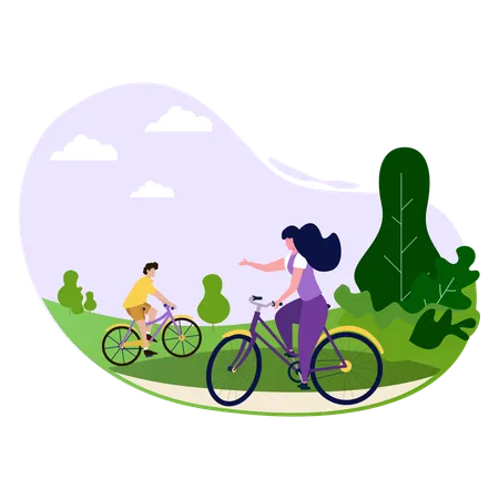 Girl and boy riding bicycle in park  Illustration