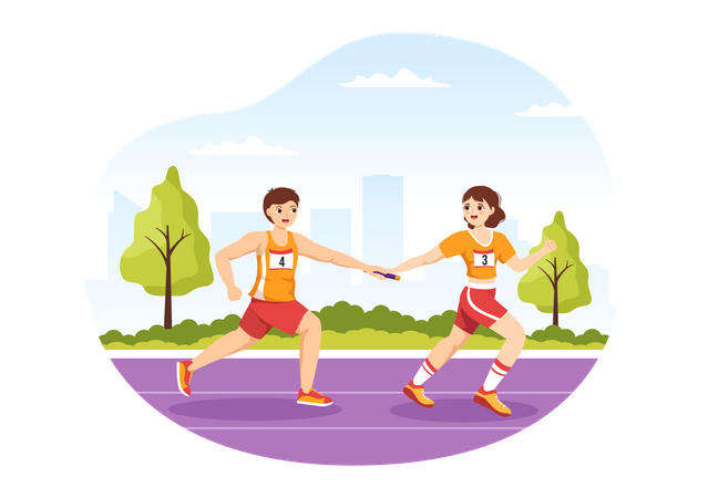 Girl and boy running in relay race  Illustration