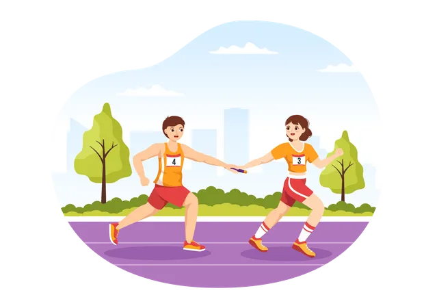 Girl and boy running in relay race  Illustration