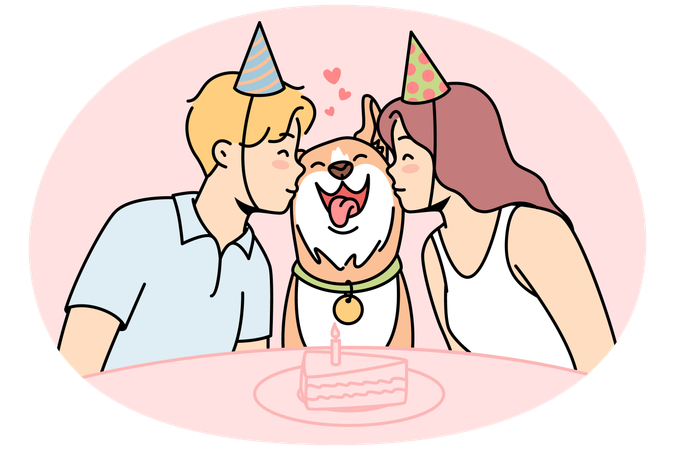 Girl and boy sit at festive table with cake and kiss dog  Illustration