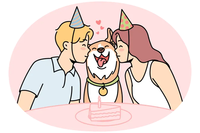 Girl and boy sit at festive table with cake and kiss dog  Illustration