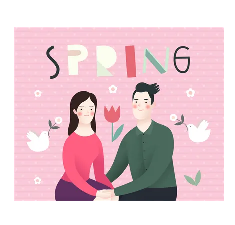 Love Spring Bench A Couple In Love Sitting On A Bench And Lettering Spring Illustration