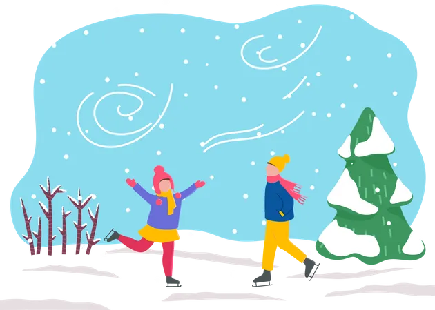 Boy And Girl Skate In Park Or Forest Two Kids Spend Leisure Time Together Happy Childhood Outdoor Activity Skating On Winter Holidays Windy And Snowy Weather In Wood Vector Illustration In Flat 일러스트레이션
