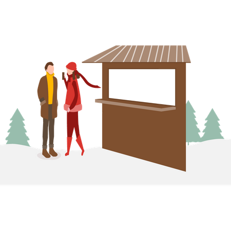 Girl and boy standing at the ticket counter Illustration