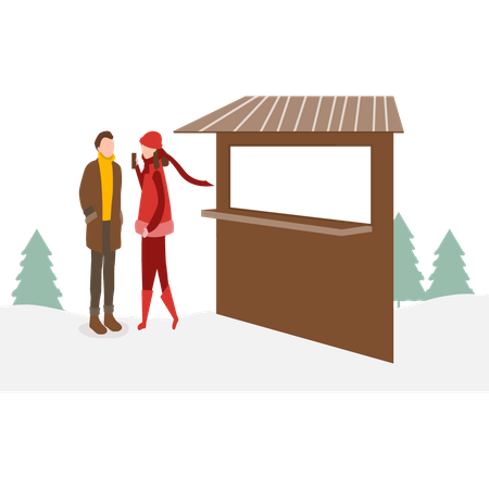 Girl and boy standing at the ticket counter  Illustration