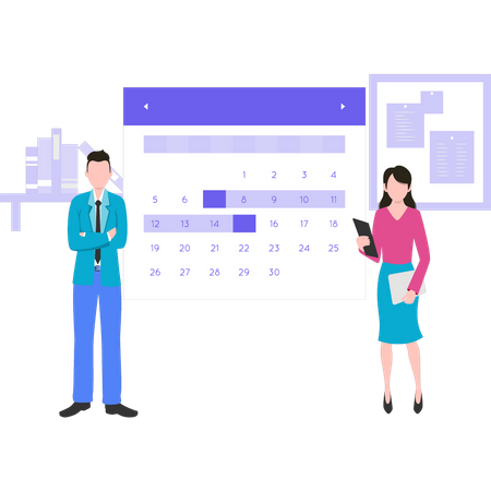 Girl and boy standing by the calendar Illustration