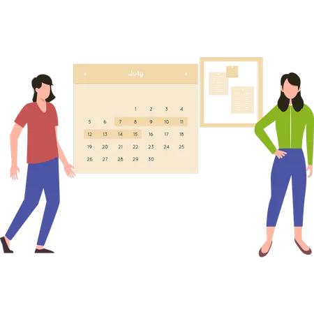 Girl and boy standing by the calendar  Illustration