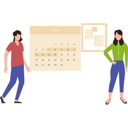 Girl and boy standing by the calendar  Illustration