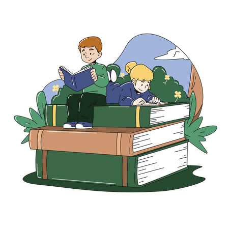 Girl and boy Studying at library  Illustration