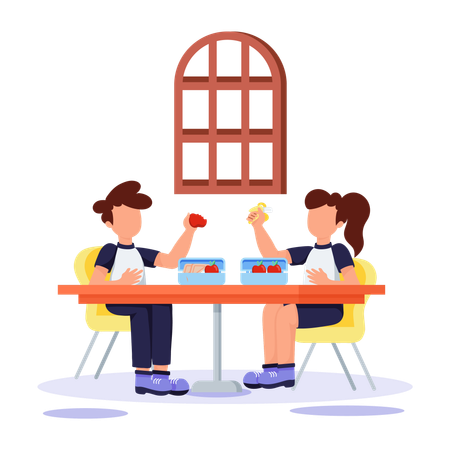 Girl and boy taking meal in Lunchtime  Illustration