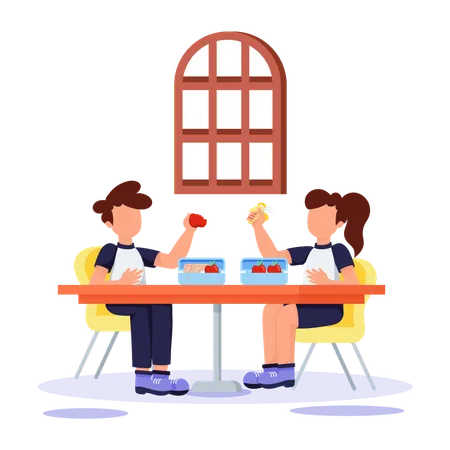 Girl and boy taking meal in Lunchtime  Illustration