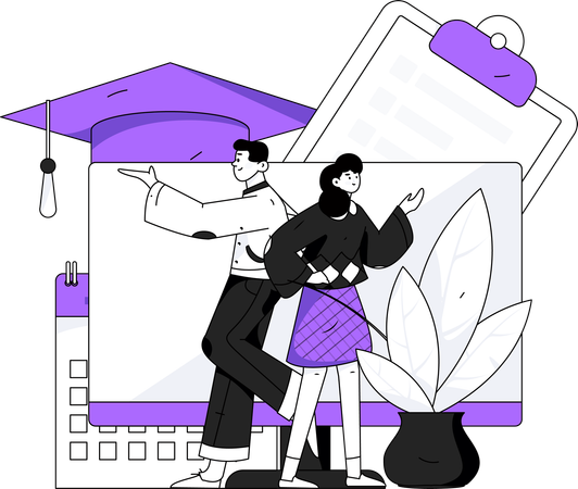 Girl and Boy taking Online graduation course  Illustration